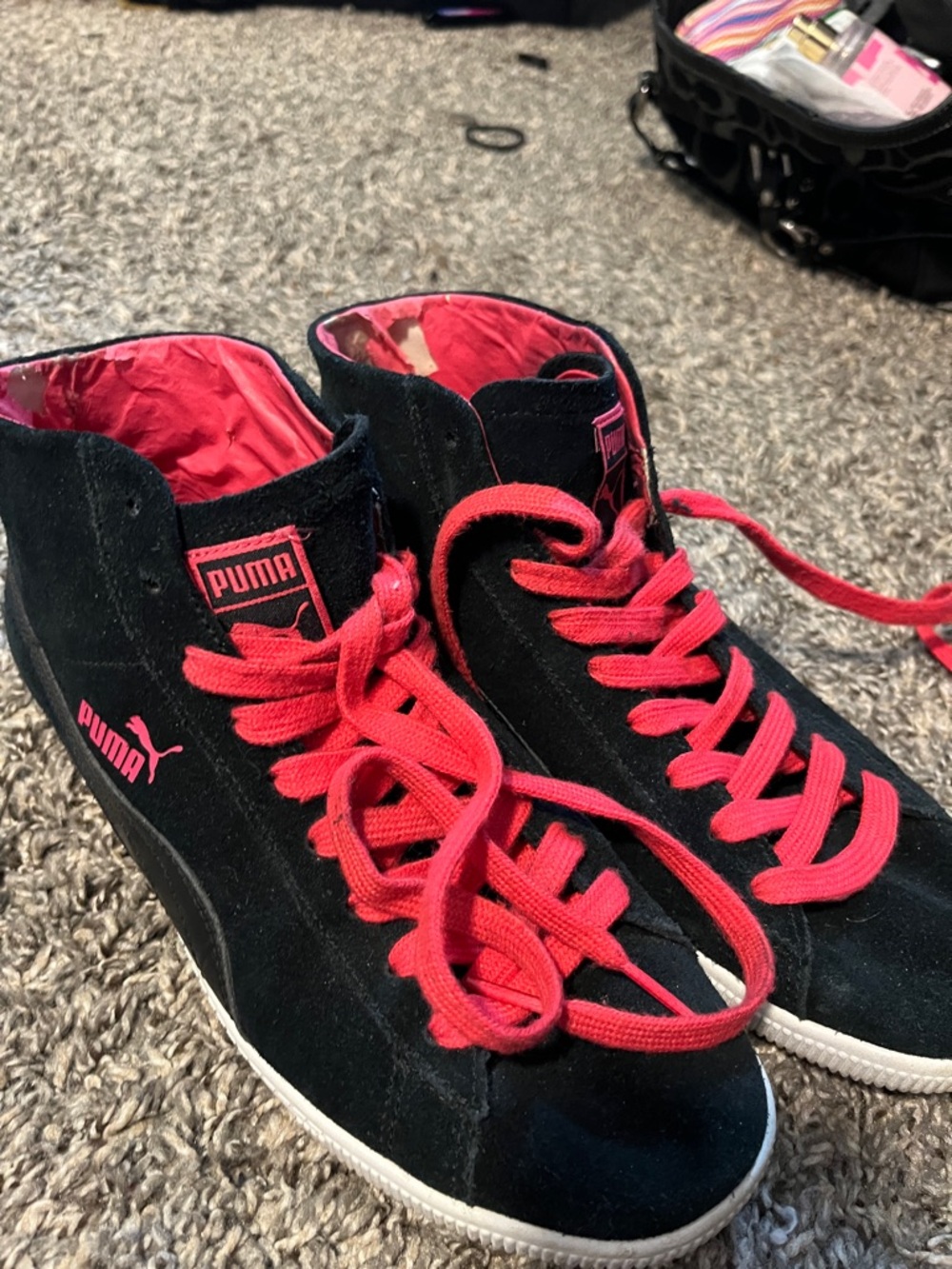 Puma Black Suede Sneakers with Bright Pink Details